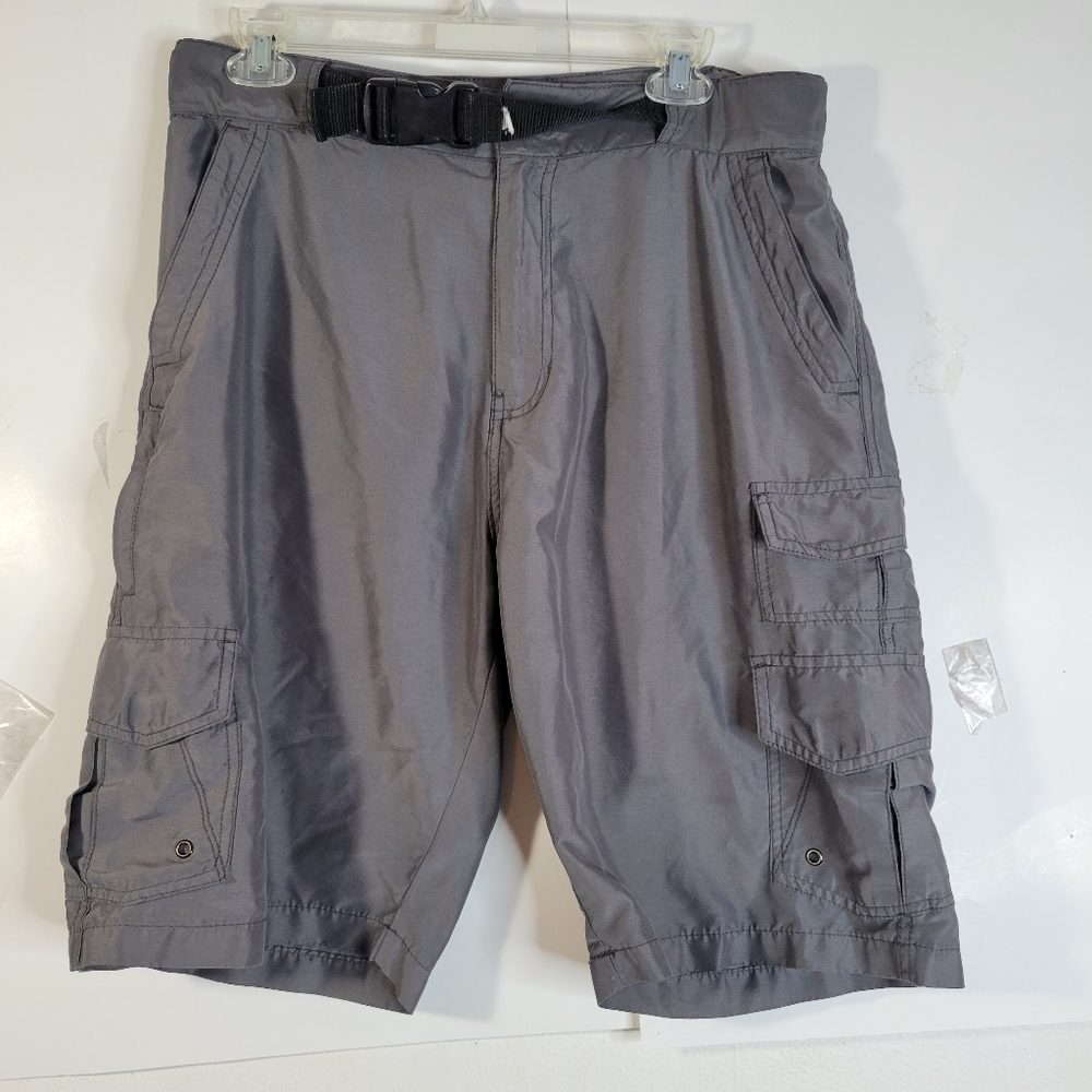 Mens Iron Co Gray Polyester Cargo Shorts Belt included Size 32